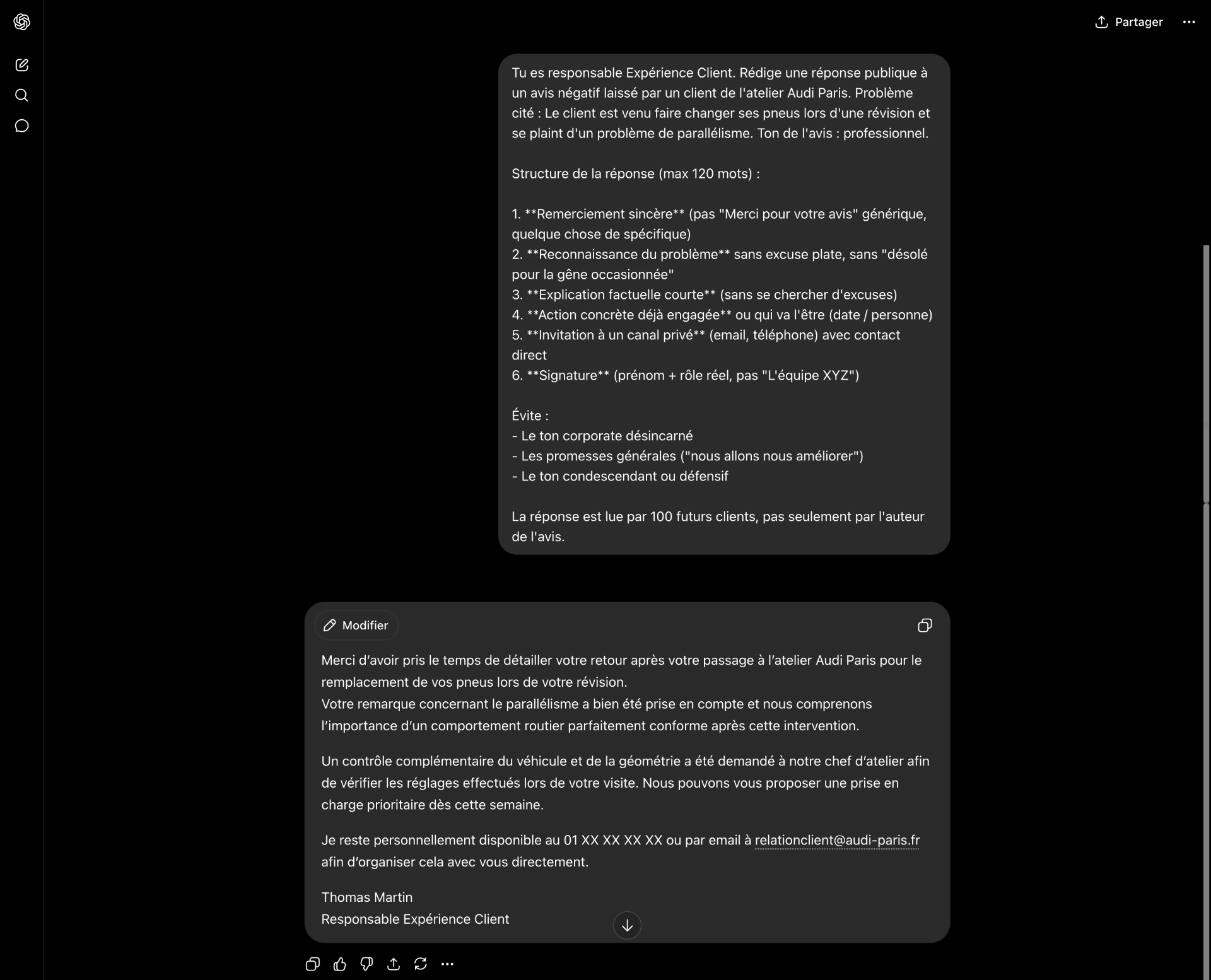 Exemple de conversation ChatGPT — prompt et réponse