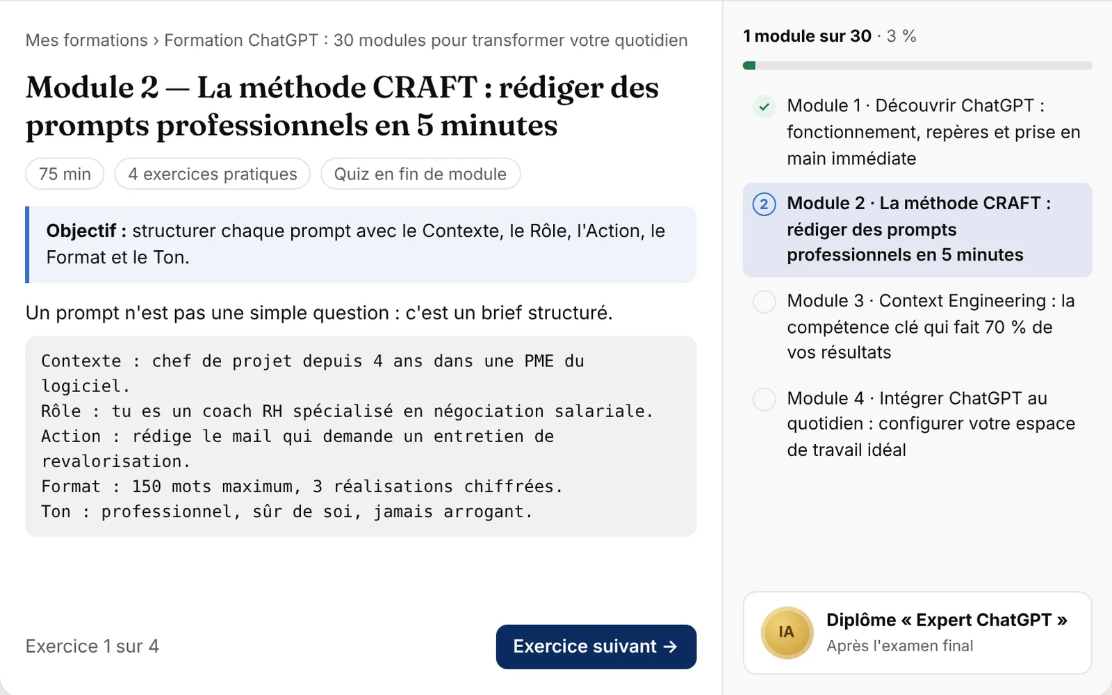 Formation ChatGPT en français : modules pratiques, progression, quiz et diplôme Expert ChatGPT